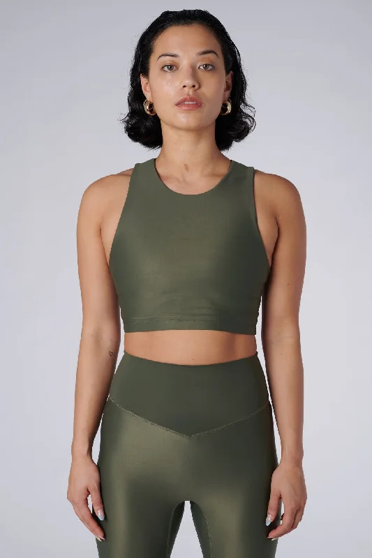 Sports top with split shape -Tula High Neck Racer Back Crop Top | Recycled Nylon | Olive