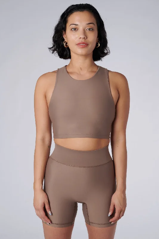 Sports top with braid shape -Tula High Neck Racer Back Crop Top | Recycled Nylon | Sand