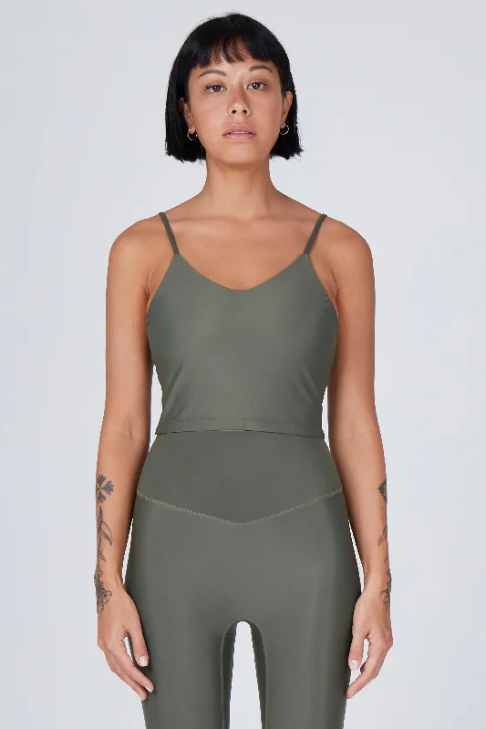 Sports top for quick sprints -Zuli Thin Strap Crop Top | Recycled Nylon | Olive